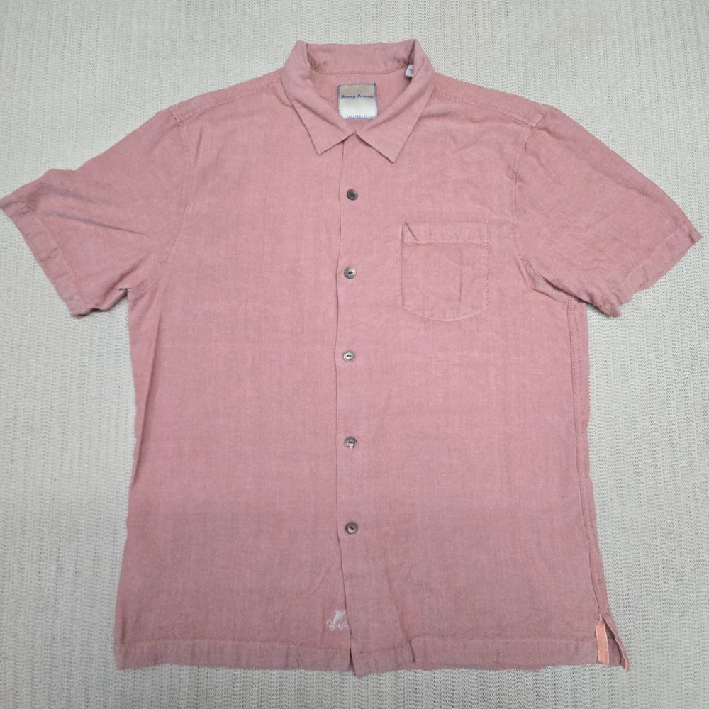 Tommy Bahama Silk Shirt Mens Large Pink Chambray Beach Short Sleeve Button Up